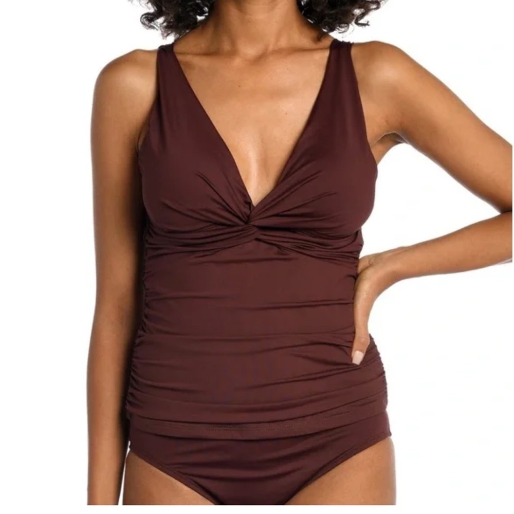 La Blanca Brown Island Goddess Twist Tie Back Tankini Swimsuit Top Size 14